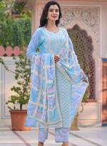 Cotton Sky Blue Traditional Wear Embroidery Work Readymade Salwar Suit